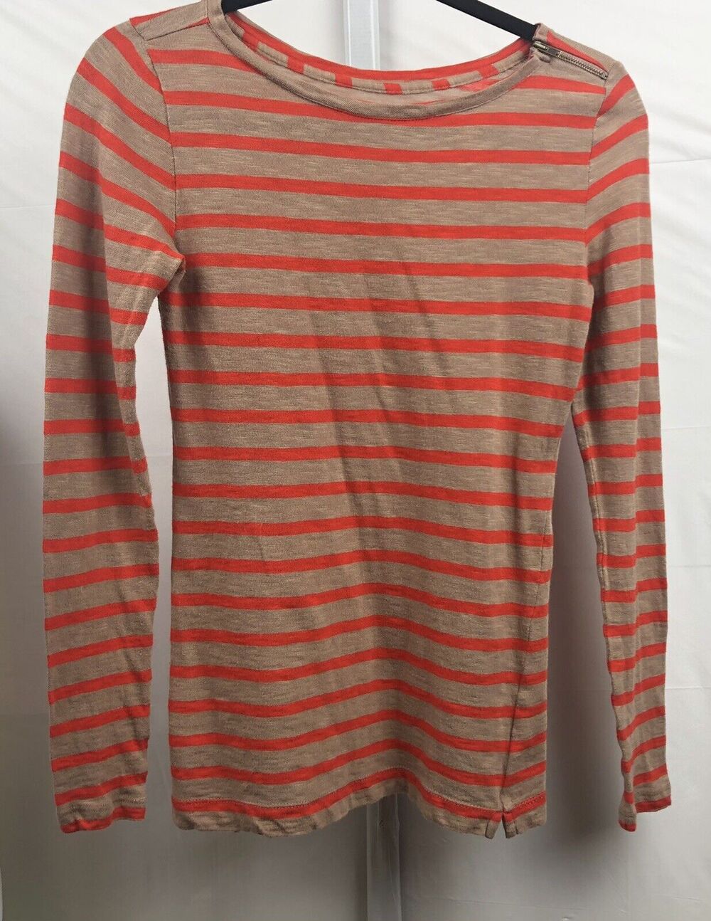 Ann Taylor Loft Top Women XS Orange Tan Stripe 100% Cotton Stretch Zip Shoulder